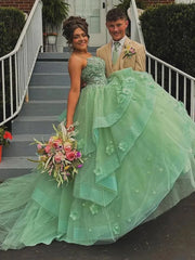 Ball Gown Sweetheart Sage Green Tulle Long Prom Dresses with Appliques