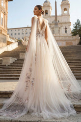 A-line Tulle Embroidery Deep-V Neck Floor-Length Prom Dresses
