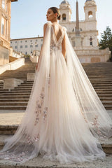 A-line Tulle Embroidery Deep-V Neck Floor-Length Prom Dresses