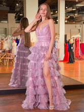 A Line Spaghetti Straps Printed Tulle Prom Dress with Ruffles