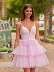 A-Line Deep V Neck Tiered Short Homecoming Dress