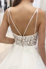 A-Line Spaghetti Straps Tulle Appliques Rustic Wedding Dress