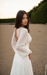 A-Line Floor Chiffon Long Sleeve Wedding Dress with Sequins and Train