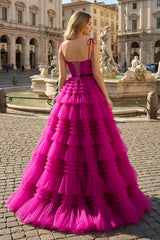 A Line Strapless Fuchsia Tiered Long Tulle Prom Dress
