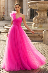 A-Line One Shoulder Long Tulle Prom Dress with Ruffles
