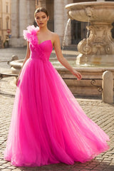 A-Line One Shoulder Long Tulle Prom Dress with Ruffles