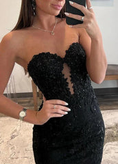 Black Sweetheart Lace Appliques Mermaid Long Prom Dresses