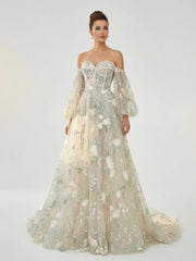 A-Line Light Green Sweetheart Pearl Wedding Dress