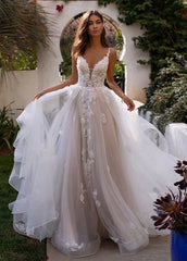 A-Line Lace White Sweep Train Sleeveless Backless Wedding Dress