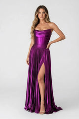 A Line Strapless Purple Pleated Metallic Long Prom Dress with Slit