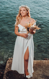 A-Line Off-the Shoulder Satin Modern Wedding Dress Sleeveless With Split Front