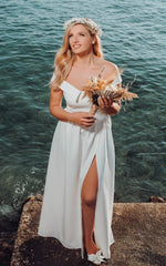 A-Line Off-the Shoulder Satin Modern Wedding Dress Sleeveless With Split Front