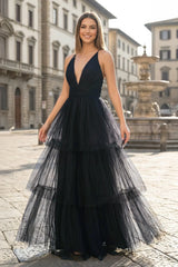 Black A-line Deep Spaghetti Straps Cross Back Tulle Multi-Layers Long Prom Dress