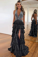 Black - A-Line Halter Satin Beaded Long Prom Dresses With Ruffles