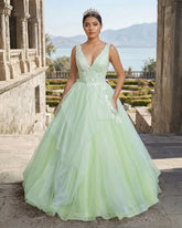 A-Line V Neck Tulle Sage Green Long Prom Quinceanera Dresses