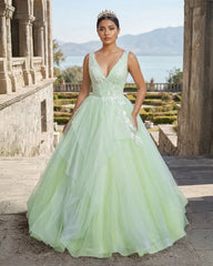 A-Line V Neck Tulle Sage Green Long Prom Quinceanera Dresses