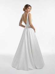 A-Line Illusion Neck Sleeveless Floor-Length Satin Wedding Dress With Pleats
