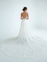 A-Line V Neck Chiffon Boho White Appliques Wedding Dresses
