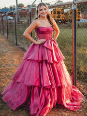Ball Gown Strapless Organza Long Prom Dresses with Bow