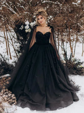 A-Line Black Gothic Wedding Dress 3D Flowers Tulle With Cape