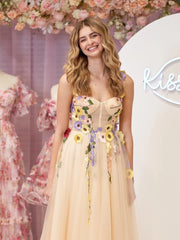 A-Line Corset Midi Prom Dress with 3D Flowers