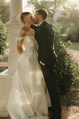 A-Line Satin Off the Shoulder Wedding Dresses with Slit