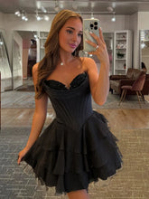 Black - A-Line Sweetheart Corset Ruffle Homecoming & Cocktail Dresses With Applique