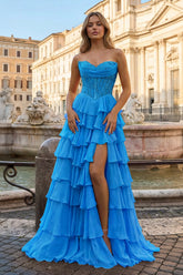 Azure - Strapless A Line Chiffon Ruffled Prom Dresses With Appliques