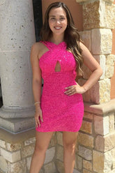 A-line Sheath Backless Hot Pink Sequins Mini Party Dresses