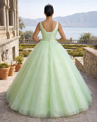 A-Line V Neck Tulle Sage Green Long Prom Quinceanera Dresses