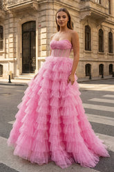A Line Strapless Corset Glitter Tulle Prom Dress with Ruffles