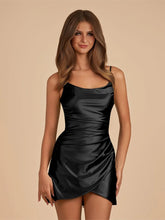 Black - Sheath Spaghetti Straps Pleated Satin Short Homecoming Dress