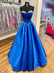 A-Line Beaded Sweetheart Royal Blue Satin Prom Dress