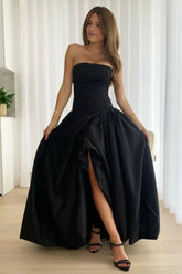 Black - Strapless A Line Satin Pleated Prom Dresses With Slit