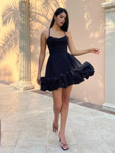 Black - A Line Satin Scoop Neck Ruffles Short Homecoming Dresses