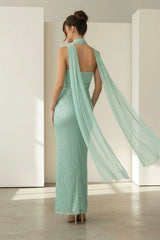 Aqua Strapless Sheath Sequined Formal Prom Dresses With Scarf