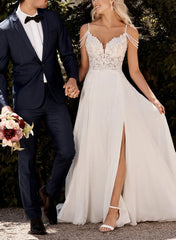 A-Line V-Neck Sweep Train Wedding Dress With Lace Split Front