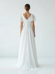A Line V-neck Chiffon Floor-length Brush Train Short Sleeve Wedding Dress with Ruffles