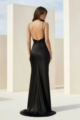Black Spaghetti Straps Mermaid Satin Backless Prom Dresses With Beading