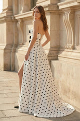 Black-White Sweetheart A Line Polka Dots Satin Long Formal Prom Dresses With Bow