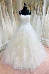 Ball Gown Tulle Lace Spaghetti Straps Appliqued Wedding Dresses