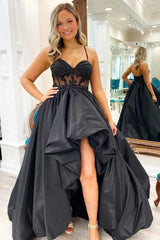 Black Appliques High-Low Straps Long Prom Dress