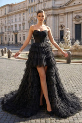 Black Strapless High Low Ruffles Tulle Prom Dress