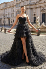 Black Strapless High Low Ruffles Tulle Prom Dress
