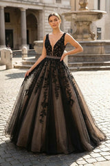 A Line Black V Neck Lace Long Prom Dress
