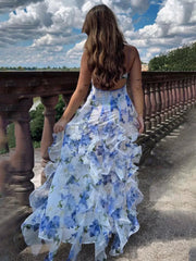 Blue A-Line Chiffon Spaghetti Strap Prom Dresses