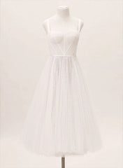 A-Line Sweetheart Sleeveless Tulle Tea-Length Wedding Dresses With Pleated
