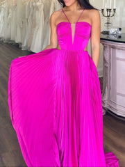 A-Line Straps Royal Blue Pleated Chiffon Long Formal Dress with Bow Back