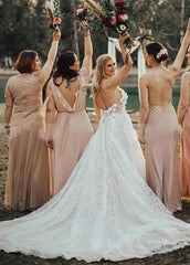 A Line Lace White Spaghetti Straps Wedding Dresses