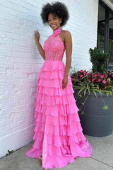 A line High Neck Tiered Chiffon Prom Dress with 3D Flower